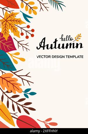 Herbstbroschüre mit „Hello Autumn“-Schriftzug und Laub. Werbeplakat, Banner, Faltblatt. Herbstlaub im Doodle-Stil. Zeichentrickdarstellung. Carto Stock Vektor