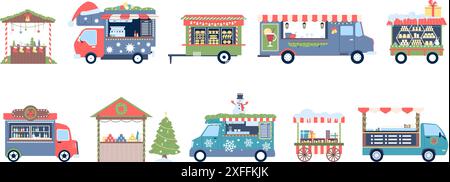 Weihnachtsmarkt-Stand. Flache Verkaufsstände und Verkaufsstände im Freien. Silvester und Winterferien Holzständer mit Essen, Getränken Geschenke, neuem Vektorset Stock Vektor