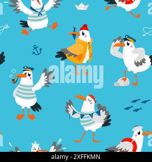 Nahtloses Möwenmuster. Ocean Adventures Stoffdruck, kindliches Wickeldesign mit Seemannmöwen. Meereszeichen, klassischer Vektorhintergrund Stock Vektor