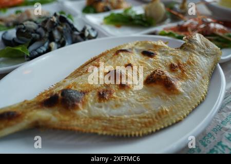 Gegrillter Flunder außen knusprig und innen weich Stockfoto