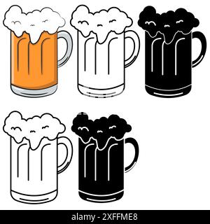 Bierglas in 6 Ausführungen, Farbe, Schwarz und weiß, schwarze Silhouette und Aussparung auf weißem Hintergrund Stock Vektor