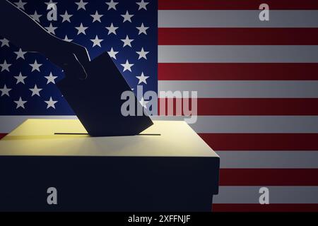 Silhouette einer Hand, die eine Stimme hält und vor der Nationalflagge Stars and Stripes of USA eine Wahlurne in eine Wahlurne legt. Die Parlamentswahlen in den Vereinigten Staaten Stockfoto