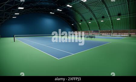 Tennishalle mit leuchtend blauer und grüner Oberfläche, mit Lichtern und Zuschauerbänken ausgestattet Stockfoto