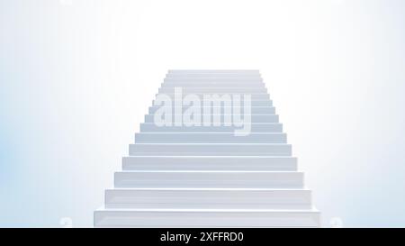 3D-Darstellung einer weißen Treppe, die nach oben führt und eine Treppe zum Himmel symbolisiert. Stockfoto