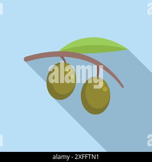 Zwei reife Oliven hängen an einem Olivenzweig mit einem grünen Blatt in modernem, flachem Design Stock Vektor