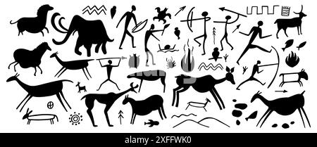 Höhlenmalerei auf Stein, alte Mauer prähistorischer Menschen, Tiere, Waffen. Primitive Männer und Frauen des Stammes Silhouette Illustration. Vektor-Höhlenmensch Stock Vektor