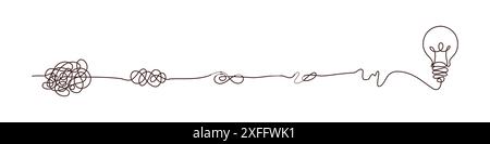 Lösungskonzept des Chaos in Gedanken mit hängenden Glühbirnen mit einer Glühbirne. Komplexer Problemlösungsprozess im handgezeichneten Stil. Vektor Stock Vektor