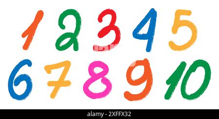 Eine Reihe von bunten Zahlen auf einem weißen Blattlaus. Zahlen mit Bleistiftstruktur für Kinder. Vektorgrafiken Stock Vektor