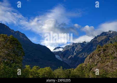 Franz-Josef-Gletscher und die Berge des Westland Tai Poutini-Nationalparks auf Neuseelands Südinsel Stockfoto