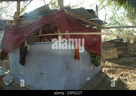 Eine vom Wirbelsturm betroffene Frau schaut von ihrem vorübergehenden Wohnsitz im Dorf Nasnapara in Patuakhali zu. Dezember 2007 Stockfoto