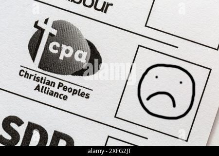 Verdorbener, verdorbener Stimmzettel für die bevorstehenden Parlamentswahlen 2024 in Großbritannien - Wsted Vote CPA Christian Peoples Alliance Stockfoto