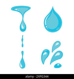 Wasserset. Blaues Wassertropfenvektorsymbol. Form mit einem Logo in Form eines flachen Tropfens. Stock Vektor