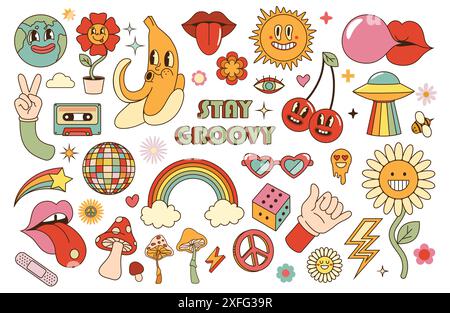 Grooviger Aufkleber. Hippie-Sticker im Retro-Stil der 70er Jahre, psychedelische Groovy-Elemente. Cartoon funky Pilz, Blume, Regenbogen, Vintage Hippie Vektor Set. Discokugel, Banane und Kirschen. Stock Vektor