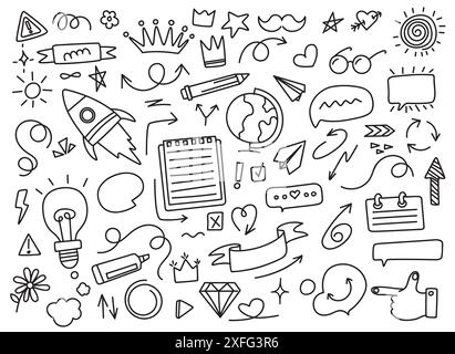 Linie Kritzelelement. Zeichnen Sie Glühbirne, Pfeil und Sprechblase, Rakete und Erdkugel. Handgezeichnetes Notizbuch, Krone und Brille, Gänseblümchen und gebrochenes Herz. Vektorsatz. Stock Vektor