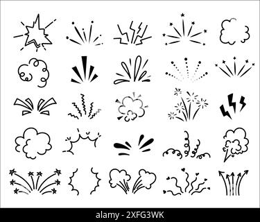 Doodle Line funkelt und strahlt. Explosion mit radialen Linien, Ideen, Überraschungen und Ausrufesymbolen im Comic-Comic-Manga-Stil. Sunburst Shine Glitzer Vektor isoliert Set. Stock Vektor