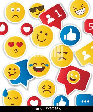 Set aus gelben Emoticons und Emojis. Vektorabbildung flach auf weißem Hintergrund Stock Vektor