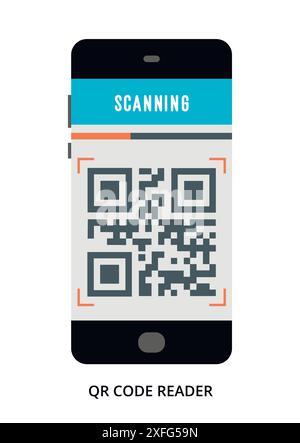QR Code Reader Konzept auf schwarzem Smartphone mit verschiedenen Benutzeroberflächenelementen, flache Vektorgrafik Stock Vektor