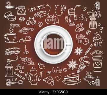Handgezeichnetes Design Vektor-Illustration, Kaffeetasse mit Set von Kaffeetrink-Symbolen im Doodle-Stil, für Grafik und Webdesign Stock Vektor