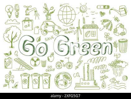 Handgezeichnete Design-Vektor-Illustration, Set von Go Green-Symbolen, im Doodle-Stil, für Grafik- und Webdesign Stock Vektor