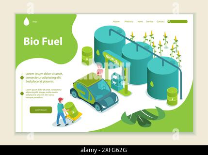 Konzept von Biokraftstoff, Erzeugung und Einsparung von grüner Energie, Website-Vorlage, 3D-Vektorillustration im isometrischen Stil Stock Vektor