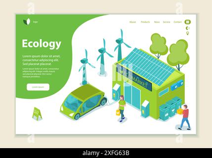 Konzept des ökologischen Problems, Erzeugung und Einsparung grüner Energie, Website-Vorlage, 3D-Vektorillustration im isometrischen Stil Stock Vektor