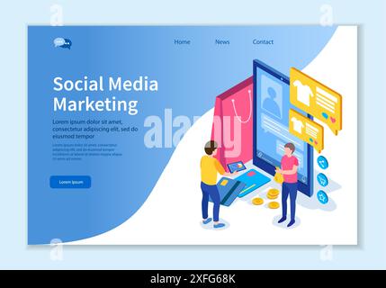 Kreative Website-Vorlage des Social Media Marketing Konzepts, isometrische 3D-Entwurfsvektorillustration Stock Vektor