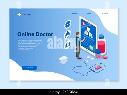 Kreative Website-Vorlage für Online Doctor Concept, isometrische 3D-Vektorillustration, für Grafik- und Webdesign Stock Vektor