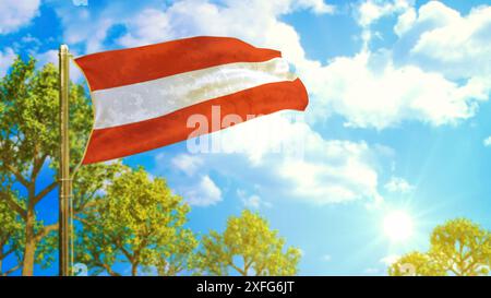 Flagge Österreichs an sonnigem Tag, kohlenstofffreies Symbol - Natur 3D-Rendering Stockfoto