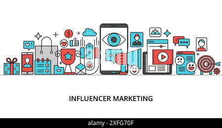 Konzept des Influencer-Marketings, moderne flache dünne Linien Design Vektor Illustration Stock Vektor