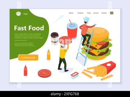 Konzept von Fast Food, Webvorlage, 3D-isometrische Vektorillustration für Grafik- und Webdesign Stock Vektor