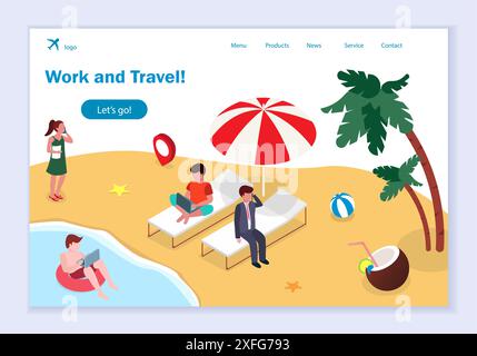 Konzept von Arbeit und Reisen, kreative Website-Vorlage, moderne flache Design-Vektor-Illustration, für Grafik- und Web-Design Stock Vektor