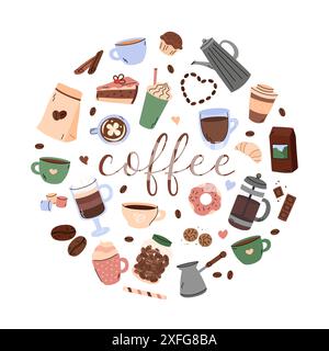 Kaffee Vektor Kritzelsatz. Rundes Design. Kreisförmige Illustration von Morgenkaffeetasse Cappuccino, Espresso, Frappe und Mokka, verschiedenen Getränken Stock Vektor