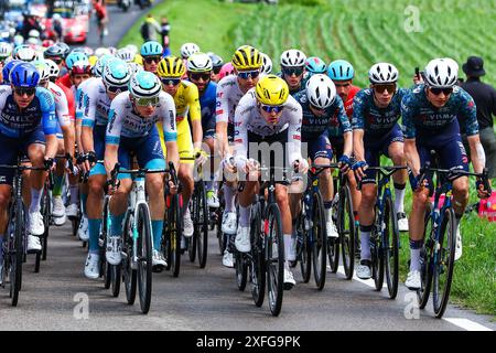 Saint Vulbas, Frankreich. Juli 2024. Das Feld wurde während der 5. Etappe des Tour de France-Radrennens 2024 von Saint-Jean-de-Maurienne nach Saint-Vulbas (177, 4 km) am Mittwoch, den 03. Juli 2024, in Aktion gezeigt. Die 111. Ausgabe der Tour de France beginnt am Samstag, den 29. Juni und endet am 21. Juli in Nizza. BELGA FOTOPOOL LUCA BETTINI Credit: Belga Nachrichtenagentur/Alamy Live News Stockfoto