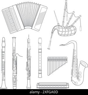 Vektor-Illustration Satz Holzbläser Musikinstrumente für die Färbung im Zeichentrickstil isoliert auf weißem Hintergrund Stock Vektor