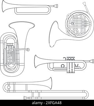 Vektor-Illustration Satz von Messing Musikinstrumenten für die Färbung im Zeichentrickstil isoliert auf weißem Hintergrund Stock Vektor