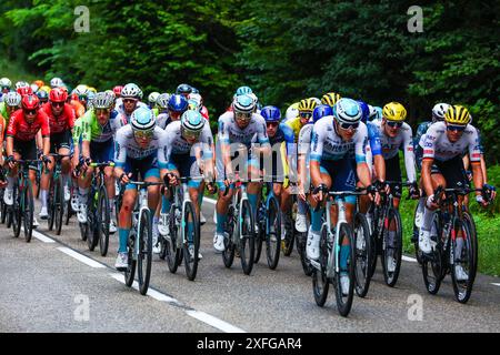 Saint Vulbas, Frankreich. Juli 2024. Das Feld wurde während der 5. Etappe des Tour de France-Radrennens 2024 von Saint-Jean-de-Maurienne nach Saint-Vulbas (177, 4 km) am Mittwoch, den 03. Juli 2024, in Aktion gezeigt. Die 111. Ausgabe der Tour de France beginnt am Samstag, den 29. Juni und endet am 21. Juli in Nizza. BELGA FOTOPOOL LUCA BETTINI Credit: Belga Nachrichtenagentur/Alamy Live News Stockfoto