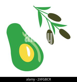 Avocado und Olive Branch Illustration in flacher Kritzelart für Kochrezepte und gesunde Stimmung Stock Vektor