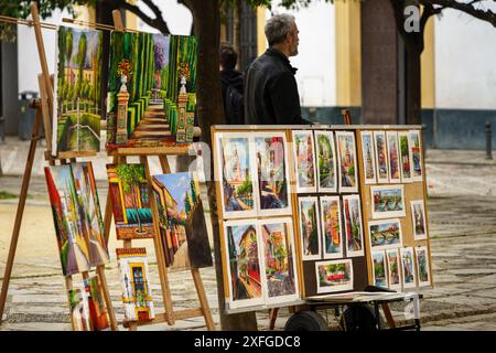 Sevilla, Spanien. 7. Februar 2024: Ein Straßenkünstler verkauft Gemälde von sevilla auf einem Platz Stockfoto