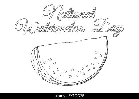 Feiern Sie den National Watermelon Day mit dieser lustigen Ausmalseite mit einer Wassermelonenscheibe und festlichem Text. Stock Vektor