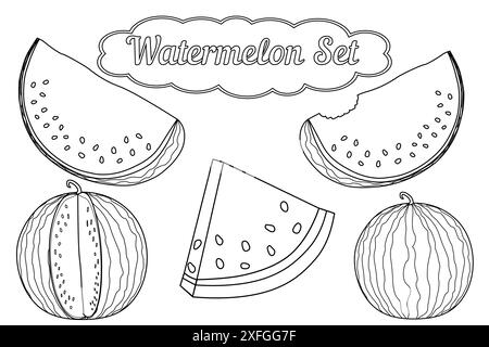 Wassermelonen-Farbset mit ganzen und geschnittenen Wassermelonen. Perfekt für Kinder und Erwachsene zum Ausmalen und Genießen. Stock Vektor