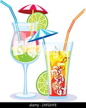 Zwei erfrischende Cocktails mit Strohhalmen, Limettenscheiben und Cocktailschirmen warten darauf, genossen zu werden Stock Vektor