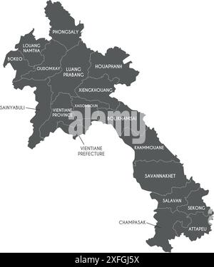 Vektor-Regionalkarte von Laos mit Provinzen oder Gebieten und Verwaltungseinheiten. Bearbeitbare und klar beschriftete Ebenen. Stock Vektor