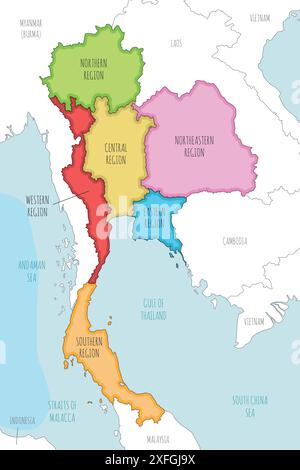 Vektor-illustrierte Karte von Thailand mit Regionen und Verwaltungsbereichen sowie Nachbarländern und Gebieten. Bearbeitbar und eindeutig beschriftet Stock Vektor