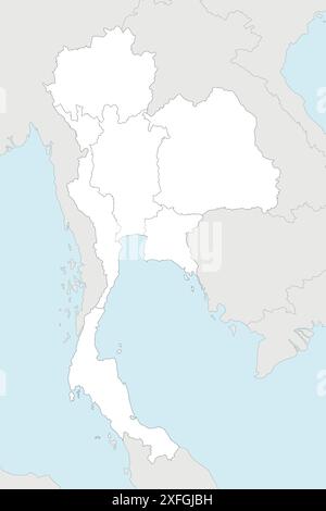 Leere Vektorkarte von Thailand mit Regionen und Verwaltungsbereichen sowie Nachbarländern und Gebieten. Bearbeitbare und eindeutig beschriftete Ebene Stock Vektor