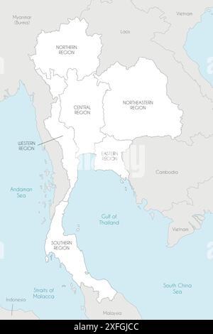 Vektorkarte von Thailand mit Regionen und Verwaltungsbereichen sowie Nachbarländern und Gebieten. Bearbeitbare und klar beschriftete Ebenen. Stock Vektor