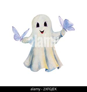 Geist im Laken, blaue Schmetterlinge, Aquarelle. Handgezeichnete Vektorgrafik. Für Halloween Grußkarten, Einladungen, große Feiertagsbanner, Post Stock Vektor