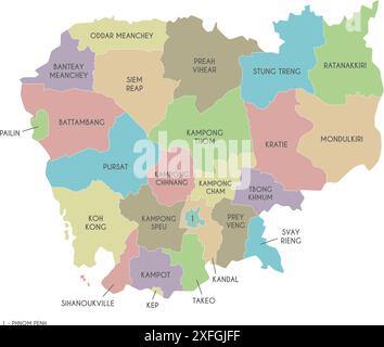 Vektor-Regionalkarte Kambodschas mit Provinzen und Verwaltungseinheiten. Bearbeitbare und klar beschriftete Ebenen. Stock Vektor