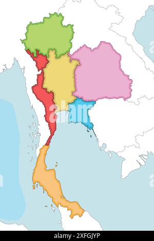 Vektor illustrierte leere Karte von Thailand mit Regionen und Verwaltungsbereichen sowie Nachbarländern und Gebieten. Editierbar und übersichtlich Stock Vektor