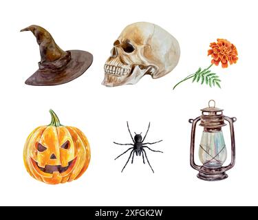 Halloween Kürbis, Hut, Schädel, Spinne, Laterne, Blume, Aquarellset. Handgezeichnete Vektorgrafik. Für Grußkarten, Einladungen, große Feiertage Stock Vektor