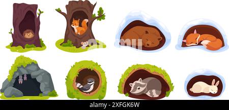 Tiere in Höhlen. Wildes Tier in Höhlen Höhle oder Baumhöhle, Natur gemütliches den Shelter Waldhaus Igel Maus Bär Kaninchen, Zeichentrickfiguren geniale Vektor-Illustration Stock Vektor